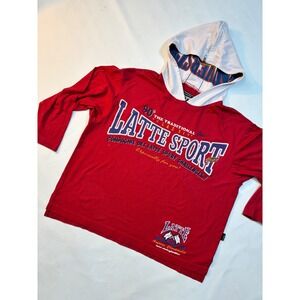 Latte Sport 90s Vintage Zip Up Hood Hoodie Shirt Red‎ Spell Out Classic Pullover